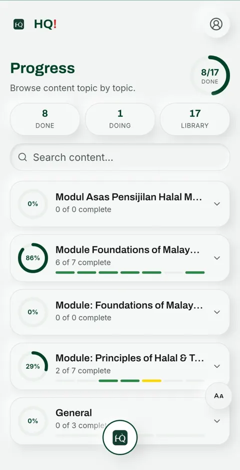 HalalQuest Progress screen