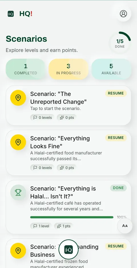 HalalQuest scenarios screen